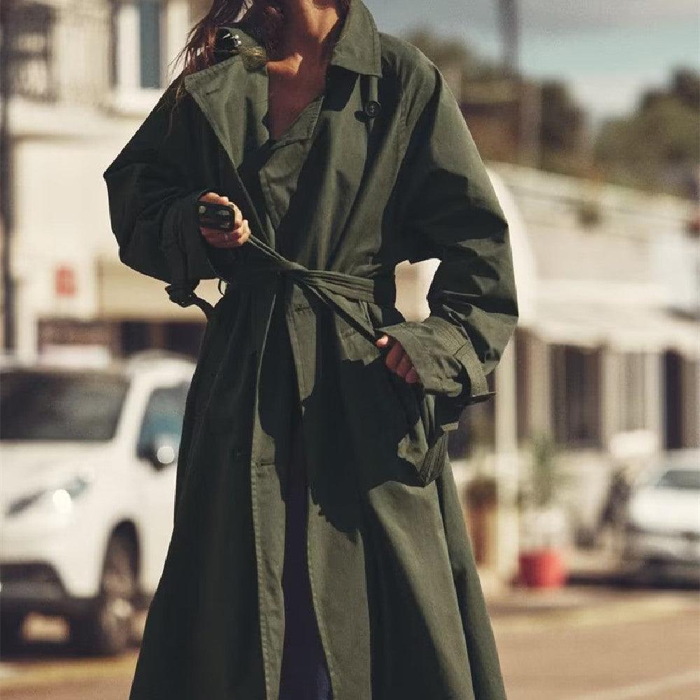 Women's Loose Long Trench Coat And Overcoat With Strap - BrandBoxs