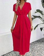 Load image into Gallery viewer, Solid Color Deep V Shoulder Sleeve Folding Elastic Waist Long Dress - BrandBoxs
