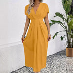 Load image into Gallery viewer, Solid Color Deep V Shoulder Sleeve Folding Elastic Waist Long Dress - BrandBoxs
