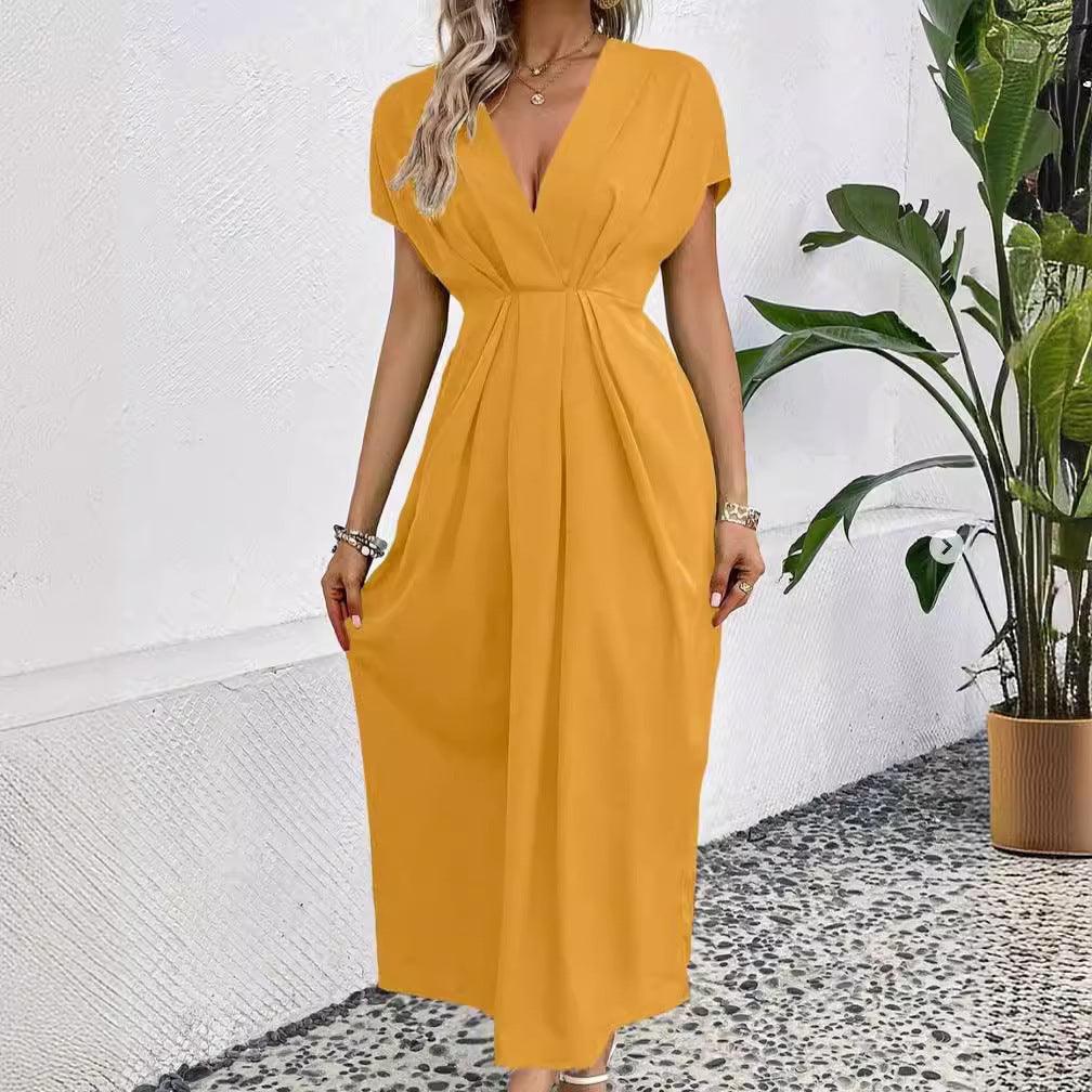 Solid Color Deep V Shoulder Sleeve Folding Elastic Waist Long Dress - BrandBoxs