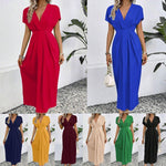 Load image into Gallery viewer, Solid Color Deep V Shoulder Sleeve Folding Elastic Waist Long Dress - BrandBoxs
