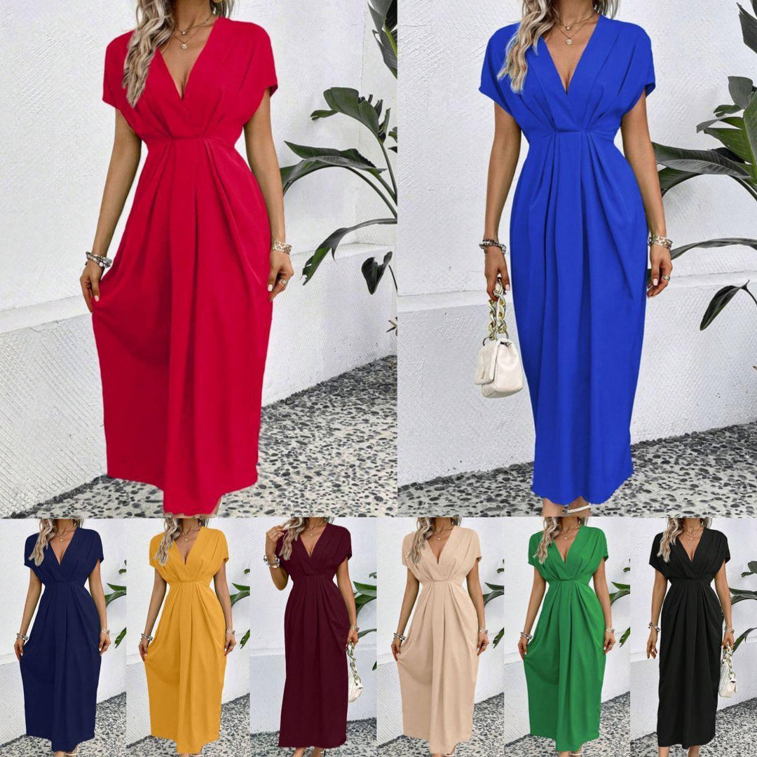 Solid Color Deep V Shoulder Sleeve Folding Elastic Waist Long Dress - BrandBoxs