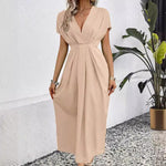 Load image into Gallery viewer, Solid Color Deep V Shoulder Sleeve Folding Elastic Waist Long Dress - BrandBoxs
