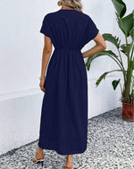 Load image into Gallery viewer, Solid Color Deep V Shoulder Sleeve Folding Elastic Waist Long Dress - BrandBoxs
