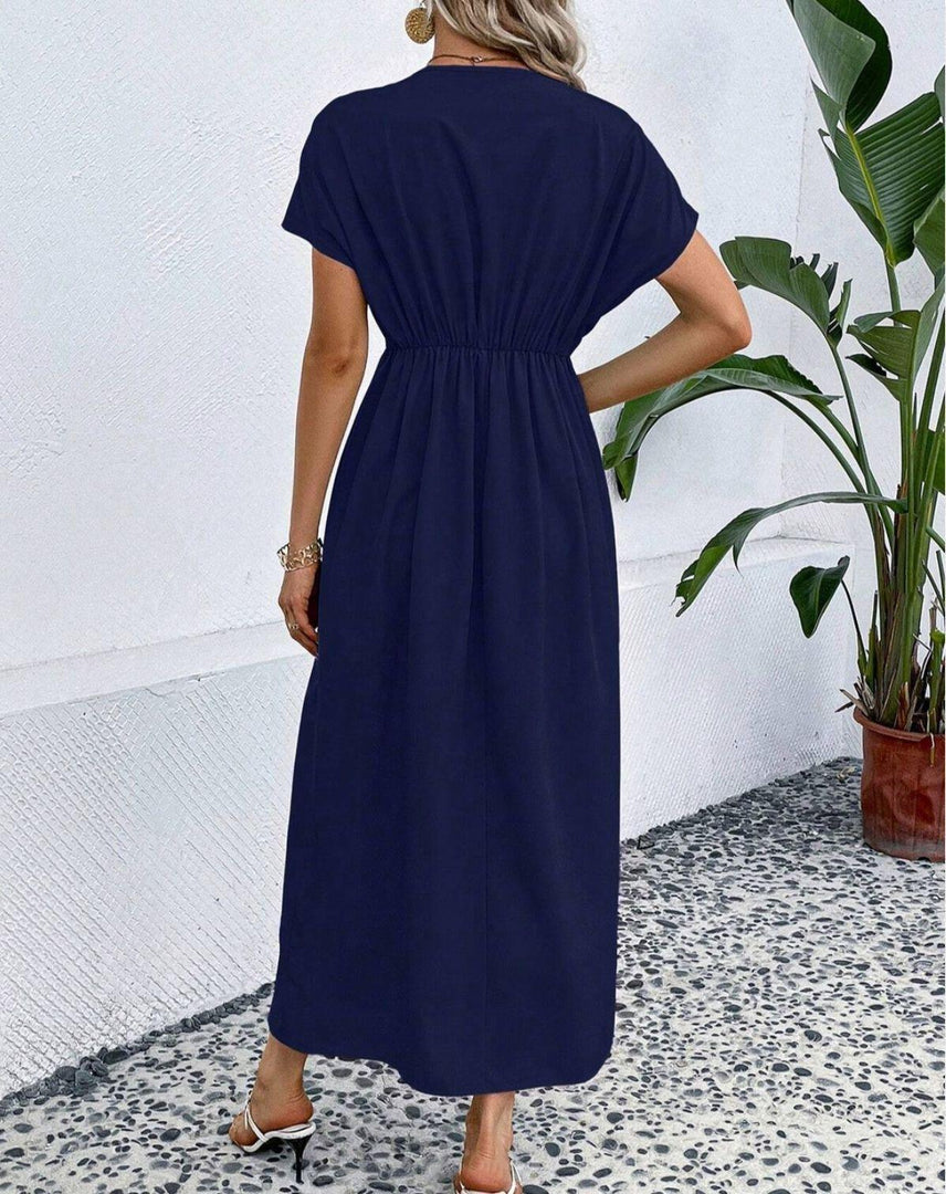 Solid Color Deep V Shoulder Sleeve Folding Elastic Waist Long Dress - BrandBoxs