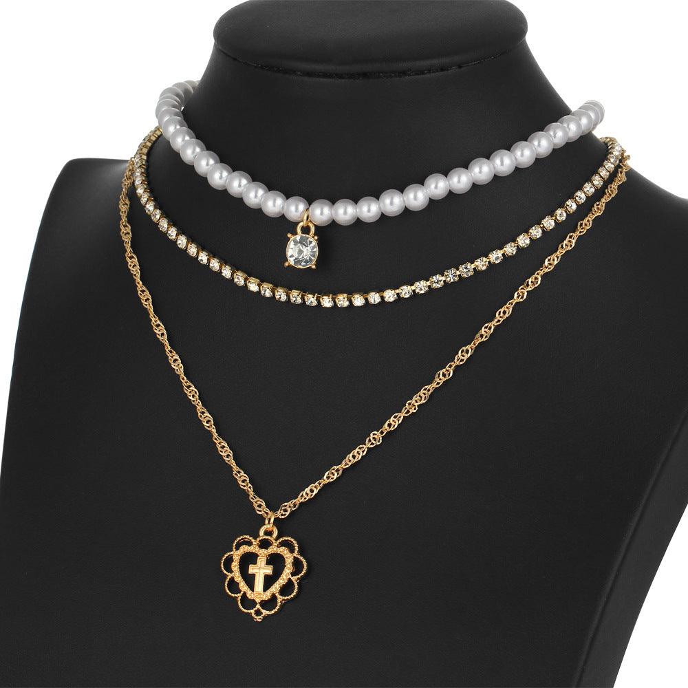 Pearl Drops Love Necklace Rhinestone Multilayer Wedding Clavicle Chain - BrandBoxs