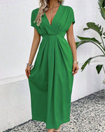 Load image into Gallery viewer, Solid Color Deep V Shoulder Sleeve Folding Elastic Waist Long Dress - BrandBoxs
