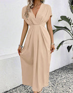 Load image into Gallery viewer, Solid Color Deep V Shoulder Sleeve Folding Elastic Waist Long Dress - BrandBoxs
