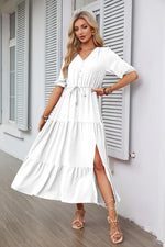 Load image into Gallery viewer, V-neck Buttons Drawstring Slit Hemline At Hem Short Sleeve Dress - BrandBoxs
