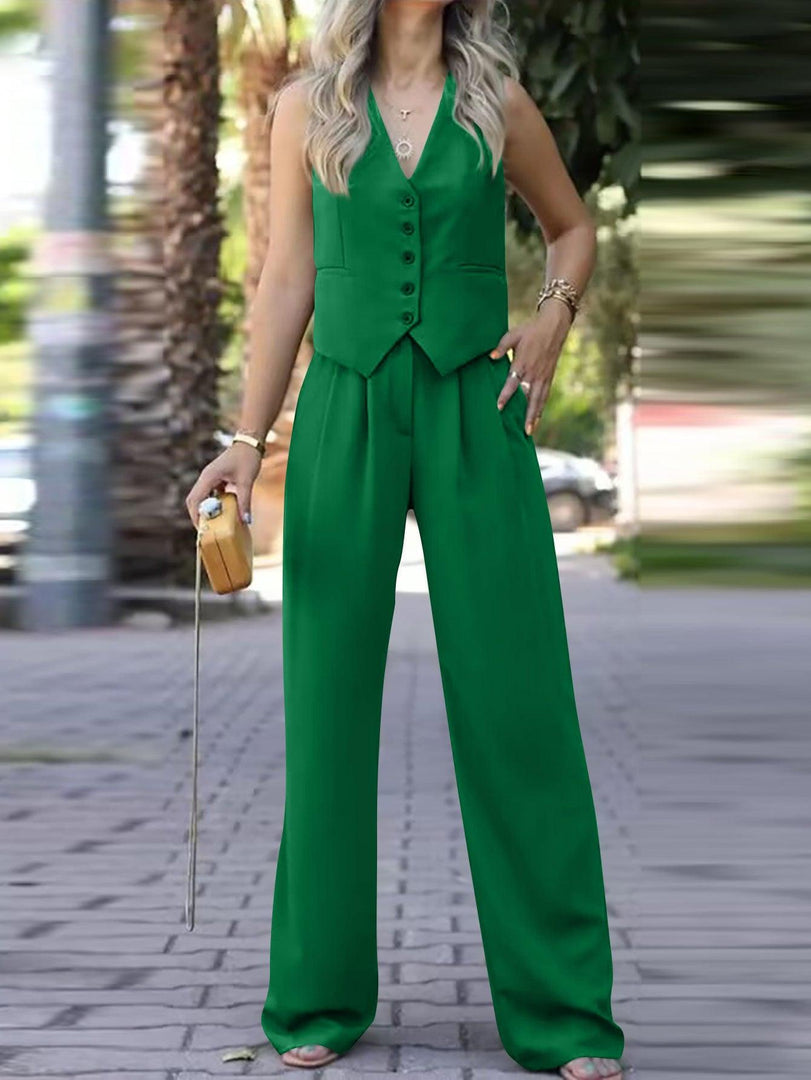 V-neck Sleeveless Waistcoat Vest Drooping Wide-leg Pants Suit - BrandBoxs