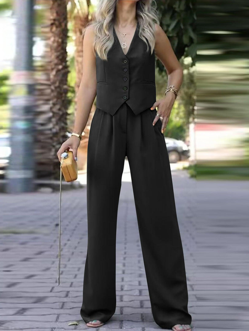 V-neck Sleeveless Waistcoat Vest Drooping Wide-leg Pants Suit - BrandBoxs