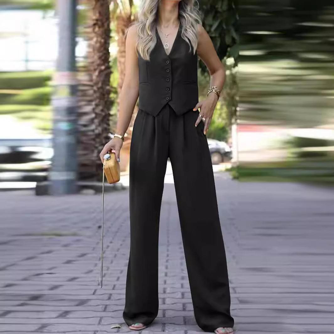 V-neck Sleeveless Waistcoat Vest Drooping Wide-leg Pants Suit - BrandBoxs