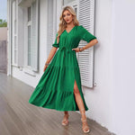 Load image into Gallery viewer, V-neck Buttons Drawstring Slit Hemline At Hem Short Sleeve Dress - BrandBoxs
