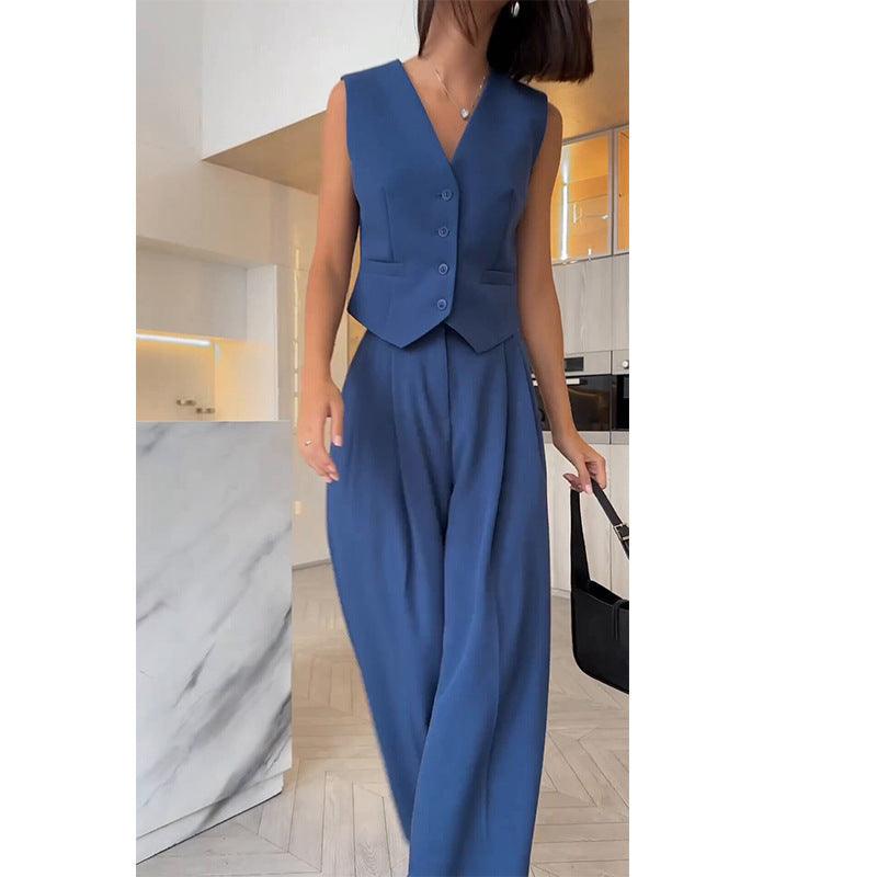 V-neck Sleeveless Waistcoat Vest Drooping Wide-leg Pants Suit - BrandBoxs