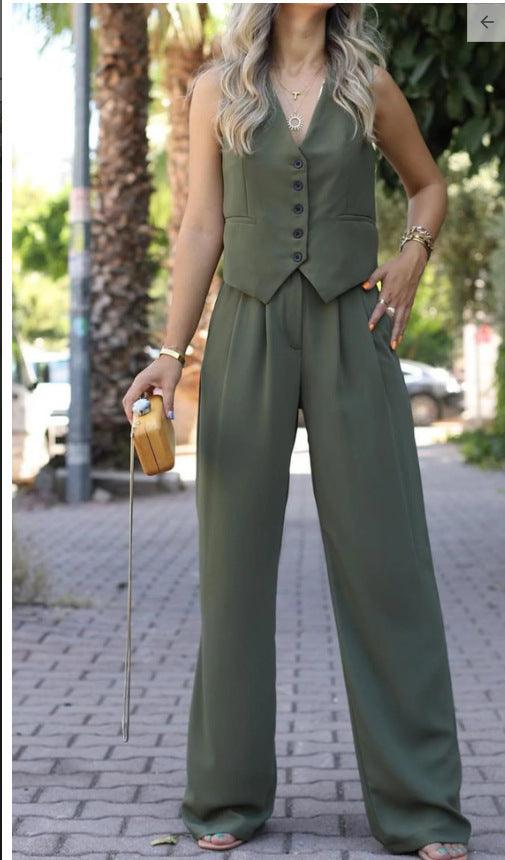 V-neck Sleeveless Waistcoat Vest Drooping Wide-leg Pants Suit - BrandBoxs