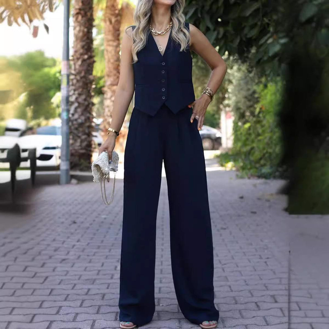 V-neck Sleeveless Waistcoat Vest Drooping Wide-leg Pants Suit - BrandBoxs