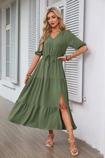 Load image into Gallery viewer, V-neck Buttons Drawstring Slit Hemline At Hem Short Sleeve Dress - BrandBoxs
