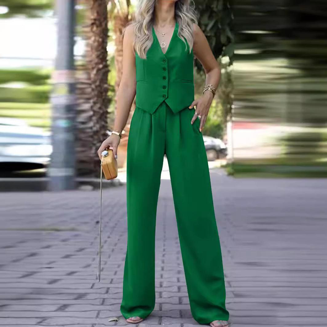 V-neck Sleeveless Waistcoat Vest Drooping Wide-leg Pants Suit - BrandBoxs