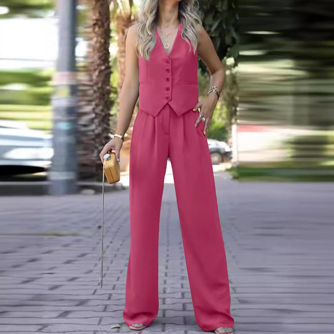 V-neck Sleeveless Waistcoat Vest Drooping Wide-leg Pants Suit - BrandBoxs