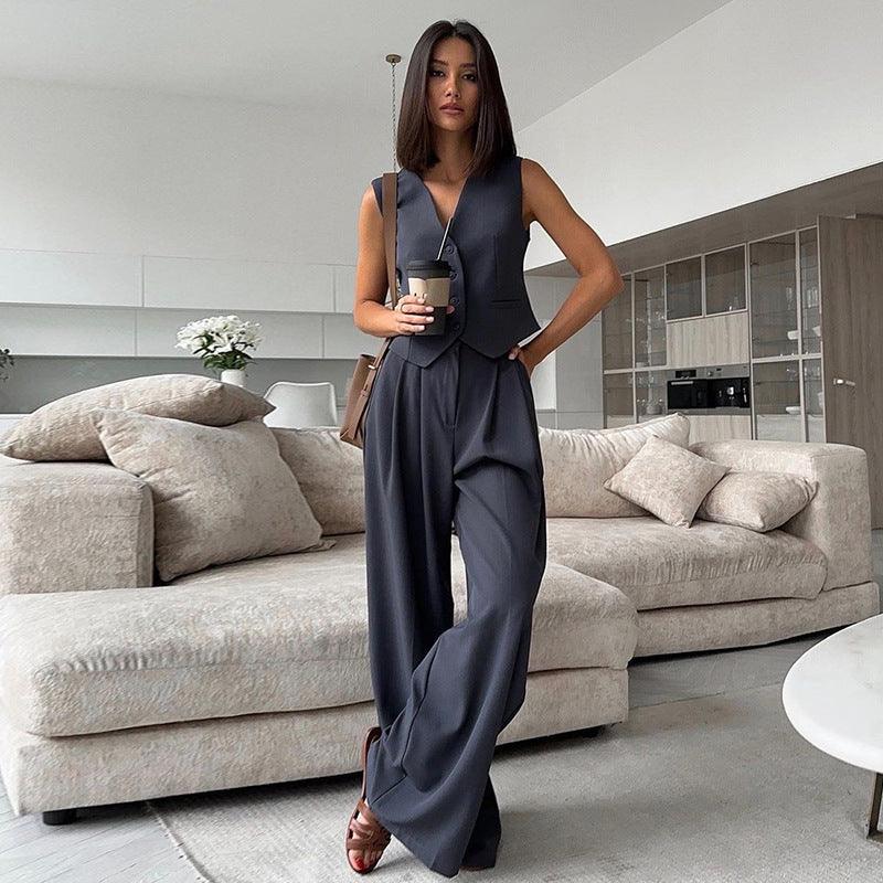 V-neck Sleeveless Waistcoat Vest Drooping Wide-leg Pants Suit - BrandBoxs