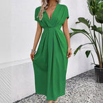 Load image into Gallery viewer, Solid Color Deep V Shoulder Sleeve Folding Elastic Waist Long Dress - BrandBoxs
