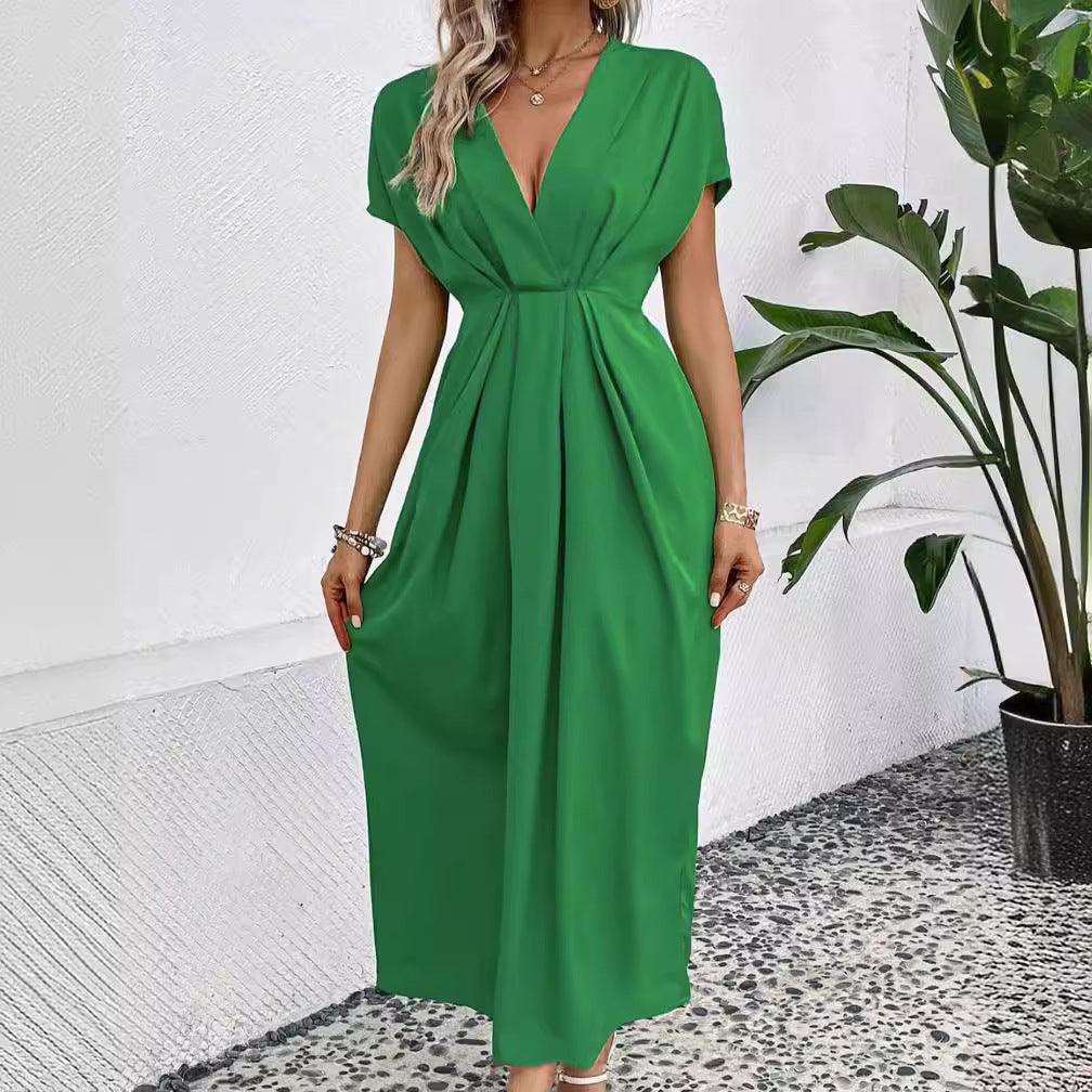 Solid Color Deep V Shoulder Sleeve Folding Elastic Waist Long Dress - BrandBoxs