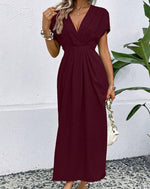 Load image into Gallery viewer, Solid Color Deep V Shoulder Sleeve Folding Elastic Waist Long Dress - BrandBoxs
