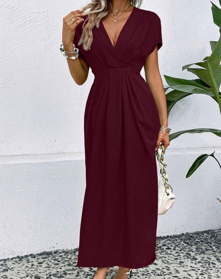 Solid Color Deep V Shoulder Sleeve Folding Elastic Waist Long Dress - BrandBoxs