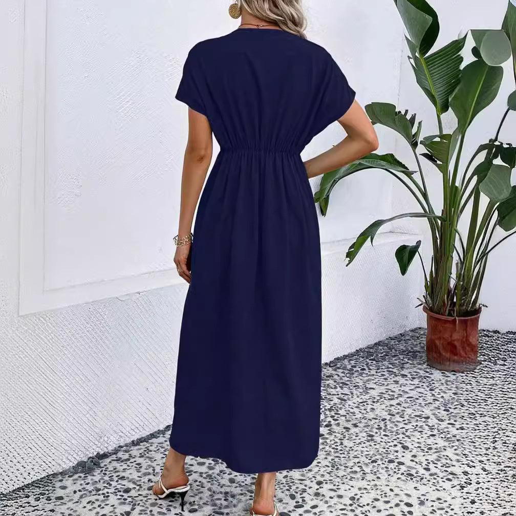 Solid Color Deep V Shoulder Sleeve Folding Elastic Waist Long Dress - BrandBoxs