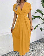 Load image into Gallery viewer, Solid Color Deep V Shoulder Sleeve Folding Elastic Waist Long Dress - BrandBoxs
